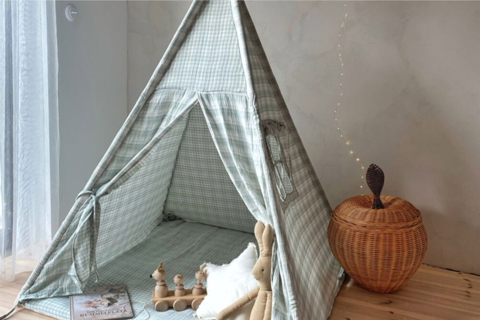 Tipi en Mousseline à Carreaux avec Tapis - Menthe