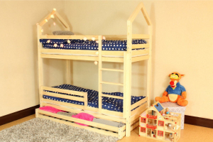 Lit superposé RG 90x200cm - Bois Naturel - Barrière Amovible- Avec 1 Tiroir Lit