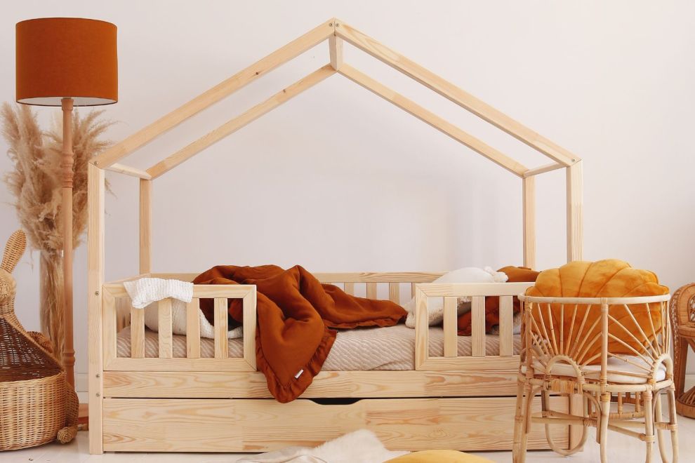 Lit Cabane LW 80x200cm - Bois Naturel - 10cm du sol -