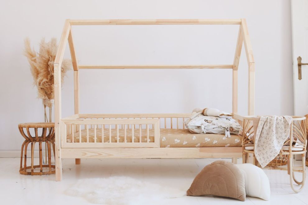Cama Casita L 80x160cm - Madera Natural - 20cm del suelo