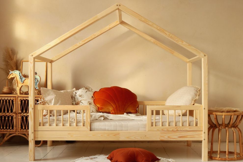 Lit Cabane LW 80x200cm - Bois Naturel - 10cm du sol -