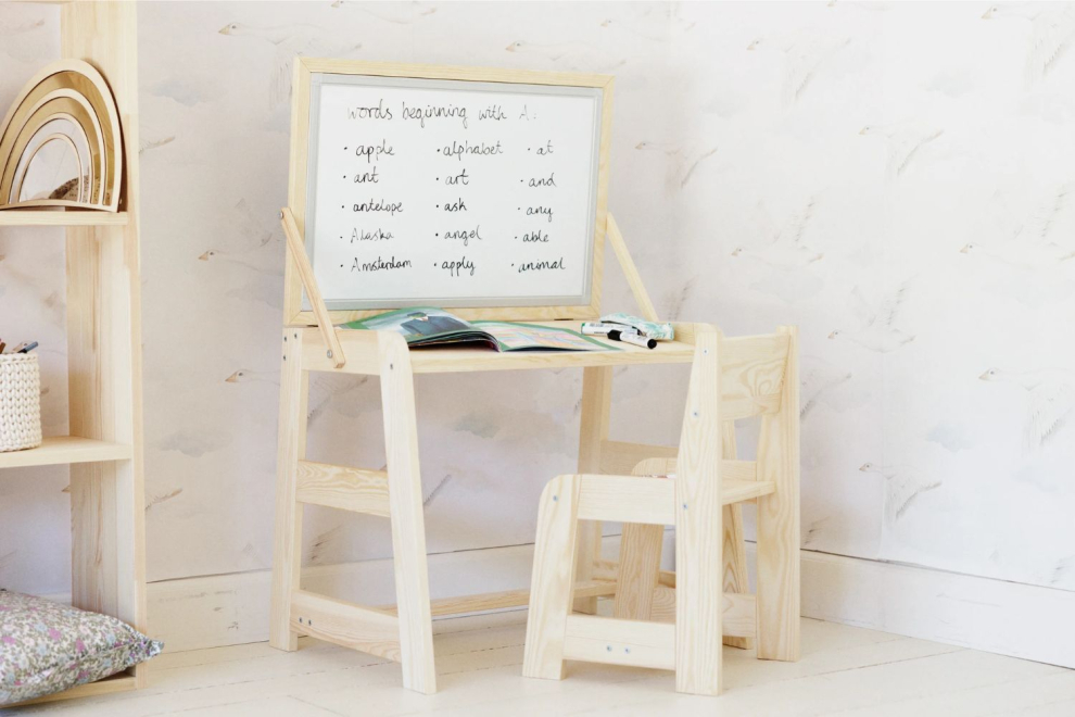 Desk and chair with magnetic board