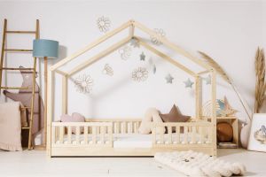 Cama Casita DB Premium 90x190cm - Madera Natural - En el suelo
