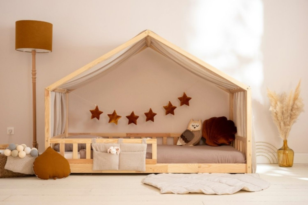 Véu de cama casinha Bege com pontos dourados - Modelo DK