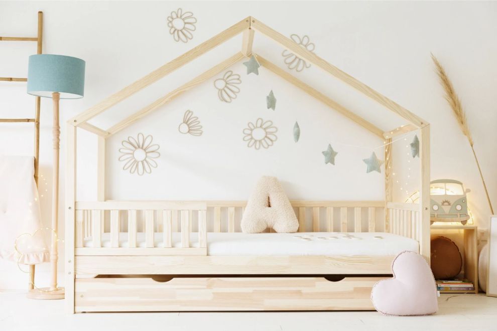 Lit Cabane DBT Premium 90x190cm - Bois Naturel - Avec 1 Tiroir de Rangement